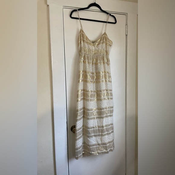 What Comes Around Goes Around White and Gold Silk Maxi Dress Size Medium - Picture 2 of 7